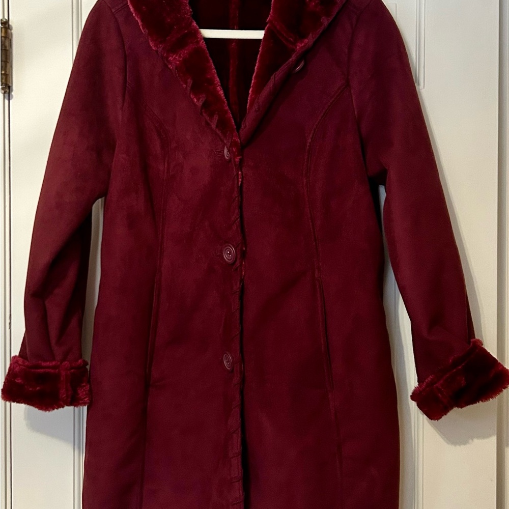 D & Co. Cozy Faux Fur Fully Lined Burgundy Wine Hooded Pea Coat Pockets Buttons